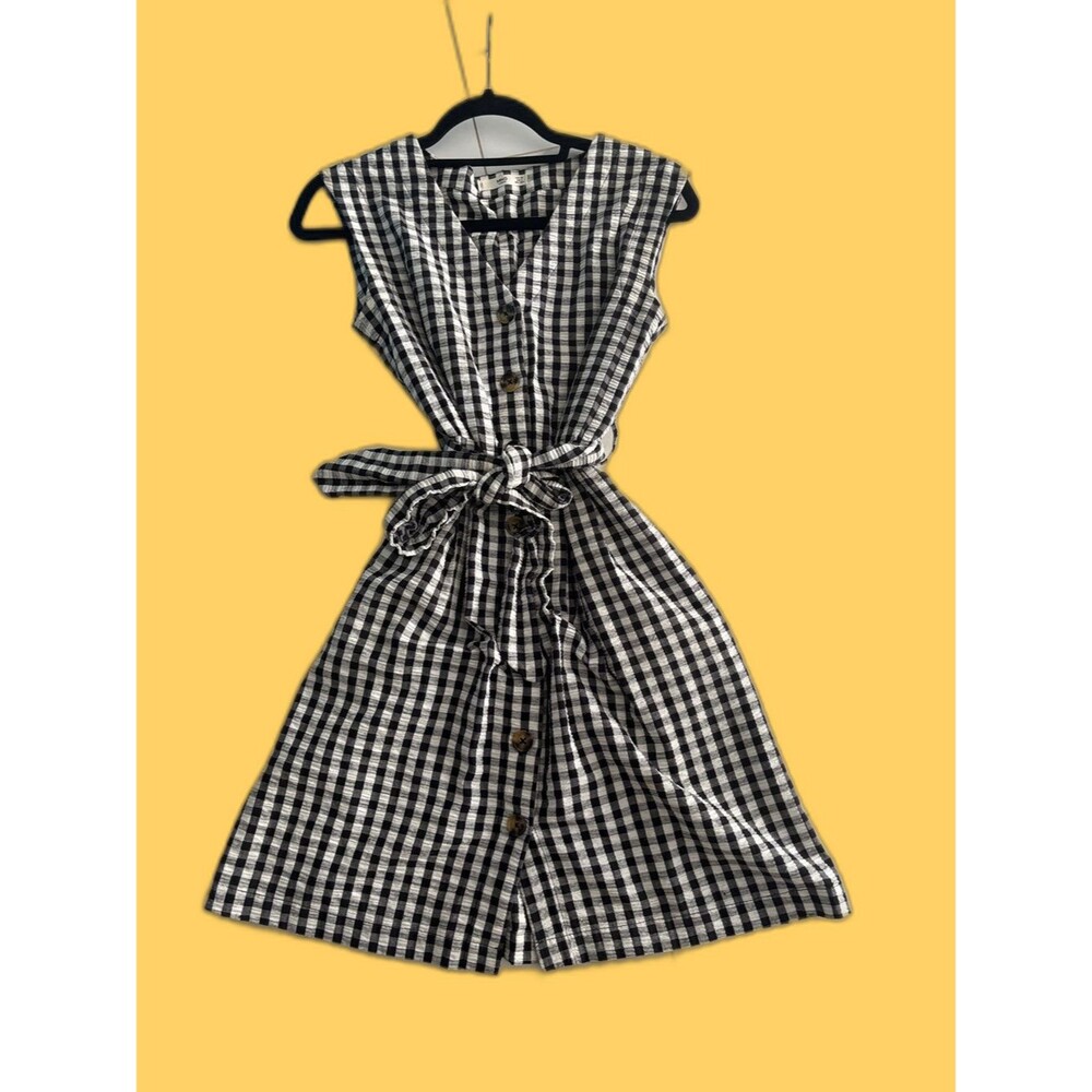 Sleeveless Black & White Gingham Button-Front Midi Dress with Tie Waist
